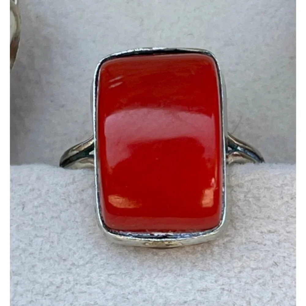 Sterling Silver and Red Coral Ring and Earring Statement Set EUC Size 6.75